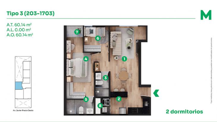 Plano del modelo T-3 del proyecto Javier Prado Oeste 1121 en San Isidro