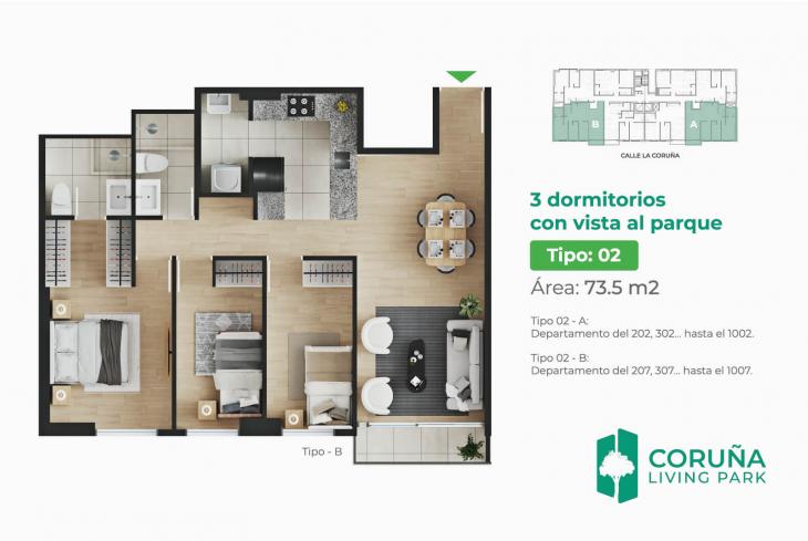 Plano del modelo TIPO 2 - A del proyecto Coruña Living Park en Pueblo Libre