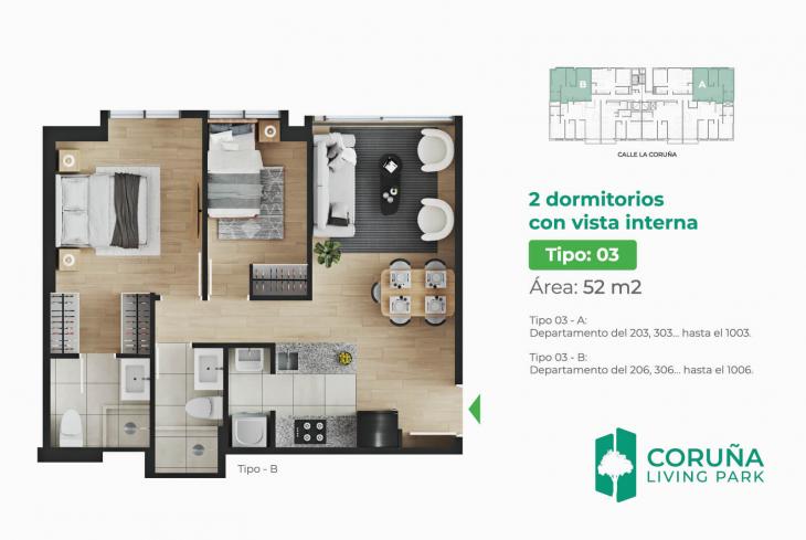Plano del modelo TIPO 3 - A del proyecto Coruña Living Park en Pueblo Libre