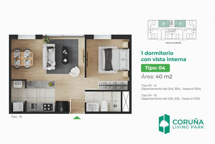 Plano del modelo TIPO 4 - A del proyecto Coruña Living Park en Pueblo Libre