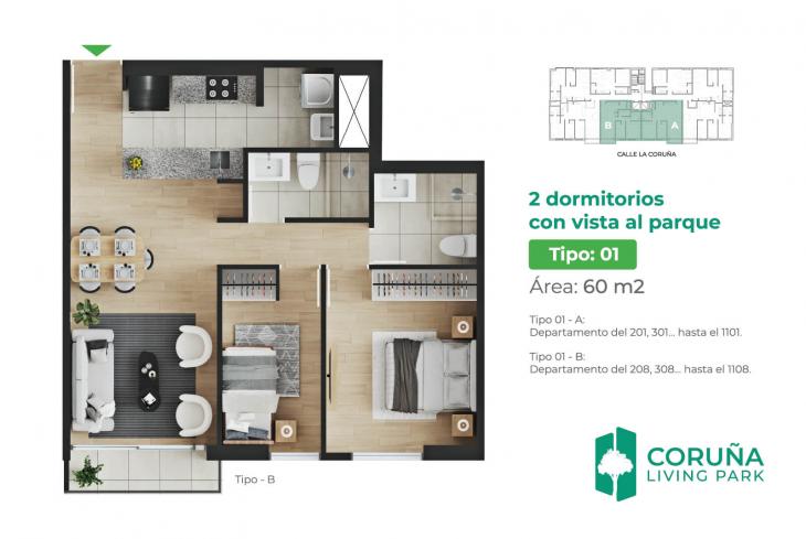 Plano del modelo TIPO 1 - B del proyecto Coruña Living Park en Pueblo Libre