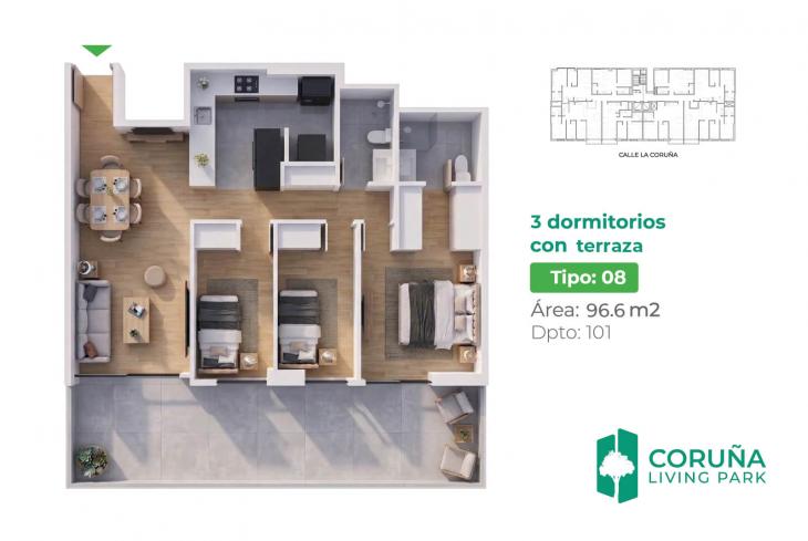 Plano del modelo TIPO 8 del proyecto Coruña Living Park en Pueblo Libre