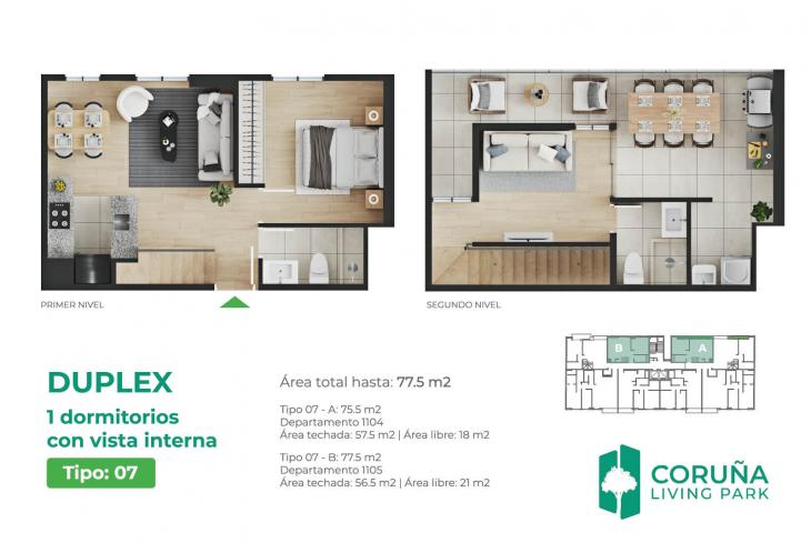 Plano del modelo TIPO 7 - B del proyecto Coruña Living Park en Pueblo Libre
