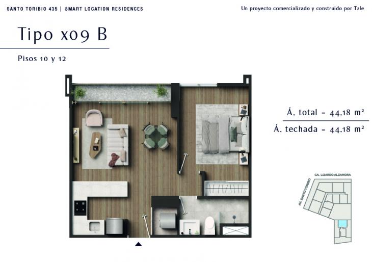 Plano del modelo X09-A del proyecto SANTO TORIBIO en San Isidro
