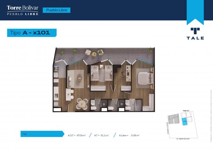 Plano del modelo A101 del proyecto Torre Bolivar en Pueblo Libre