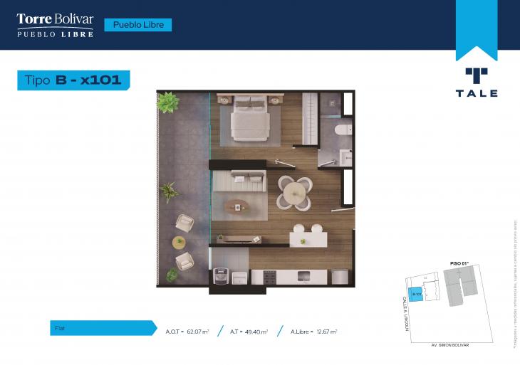 Plano del modelo B101 del proyecto Torre Bolivar en Pueblo Libre