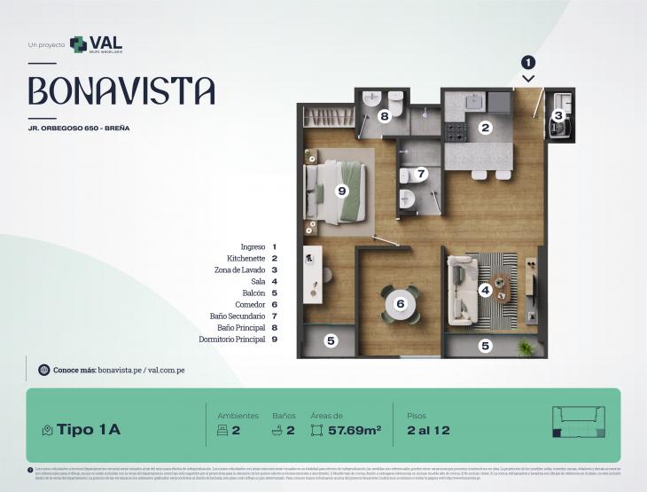 Plano del modelo Tipo 1A del proyecto Bonavista Condominio en Breña
