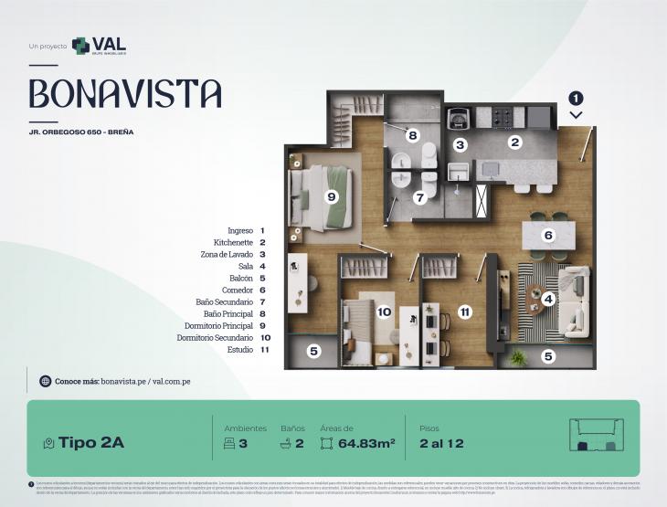 Plano del modelo Tipo 2A del proyecto Bonavista Condominio en Breña