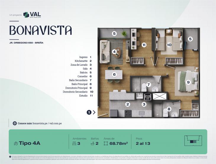 Plano del modelo Tipo 4A del proyecto Bonavista Condominio en Breña