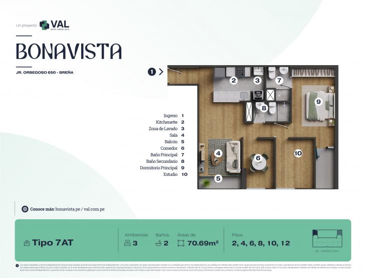 Plano del modelo Tipo 7AT del proyecto Bonavista Condominio en Breña