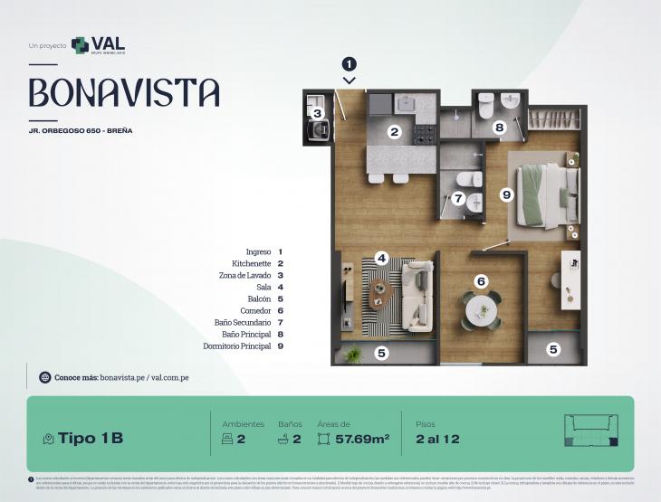Plano del modelo Tipo 1B del proyecto Bonavista Condominio en Breña
