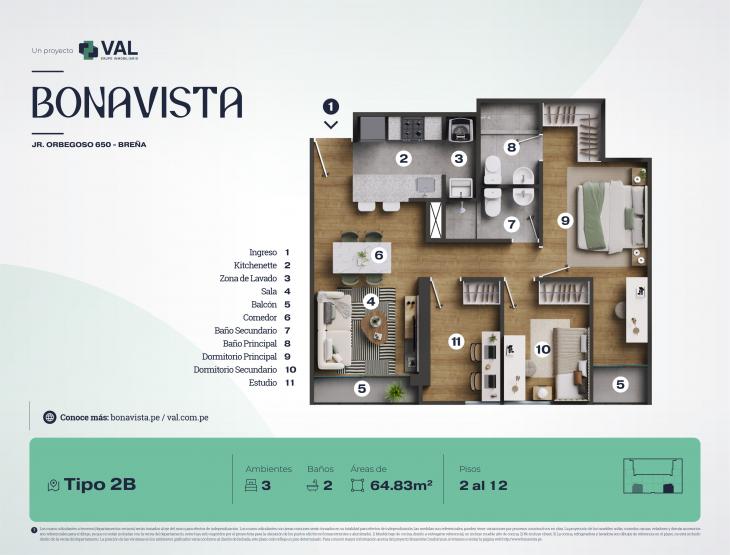 Plano del modelo Tipo 2B del proyecto Bonavista Condominio en Breña