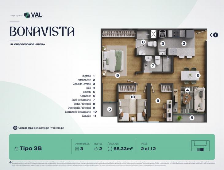Plano del modelo Tipo 3B del proyecto Bonavista Condominio en Breña