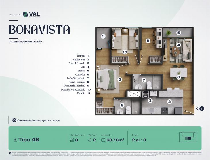 Plano del modelo Tipo 4B del proyecto Bonavista Condominio en Breña