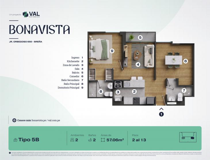 Plano del modelo Tipo 5B del proyecto Bonavista Condominio en Breña