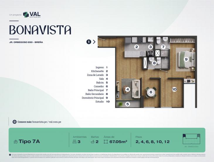 Plano del modelo Tipo 7A del proyecto Bonavista Condominio en Breña