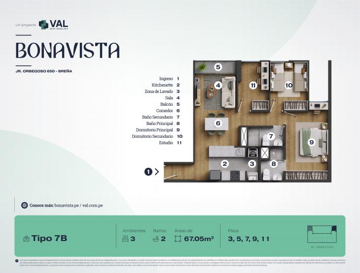 Plano del modelo Tipo 7B del proyecto Bonavista Condominio en Breña