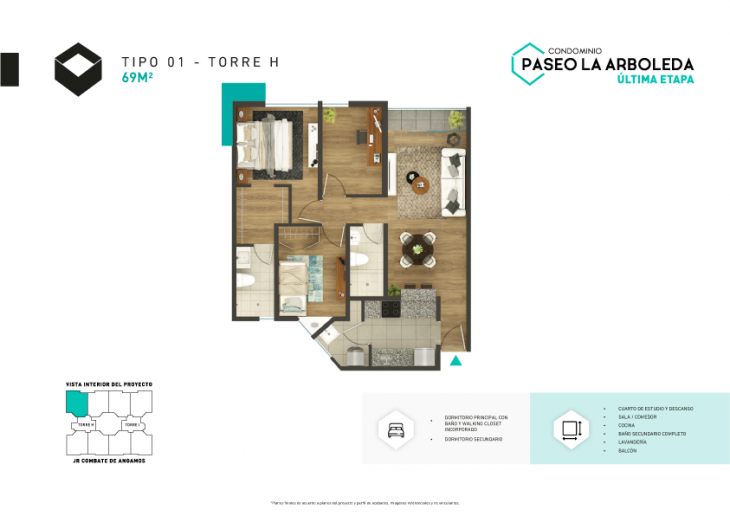Plano del modelo H-Tipo 1 del proyecto PASEO DE LA ARBOLEDA 6 en Santiago De Surco