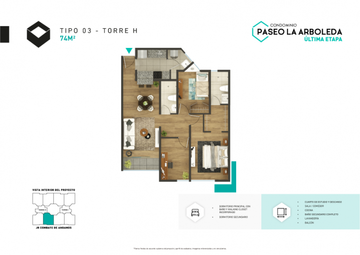 Plano del modelo H-Tipo 3 del proyecto PASEO DE LA ARBOLEDA 6 en Santiago De Surco