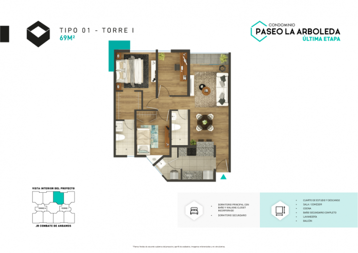 Plano del modelo I-Tipo 1 del proyecto PASEO DE LA ARBOLEDA 6 en Santiago De Surco