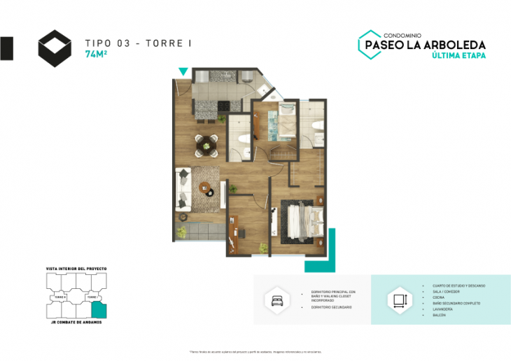 Plano del modelo I-Tipo 3 del proyecto PASEO DE LA ARBOLEDA 6 en Santiago De Surco