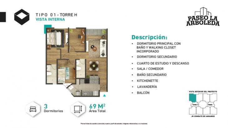 Plano del modelo H-Tipo 1 del proyecto PASEO DE LA ARBOLEDA 6 en Santiago De Surco