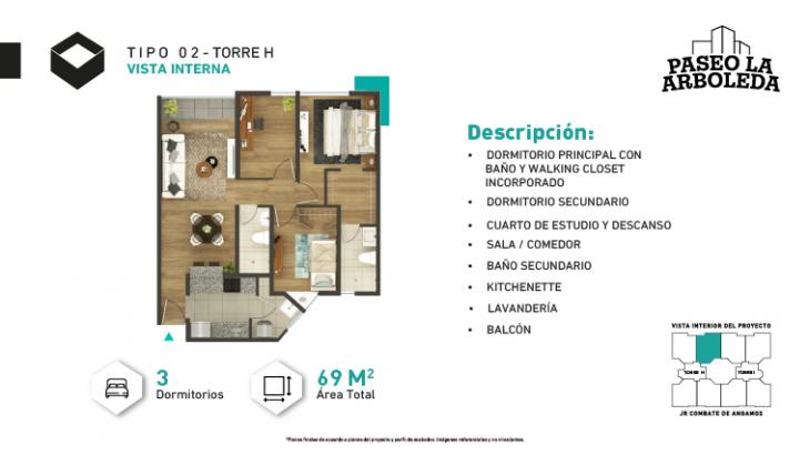 Plano del modelo H-Tipo 2 del proyecto PASEO DE LA ARBOLEDA 6 en Santiago De Surco