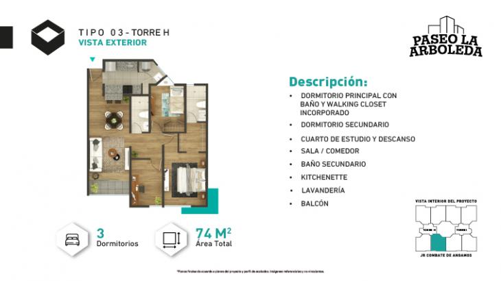 Plano del modelo H-Tipo 3 del proyecto PASEO DE LA ARBOLEDA 6 en Santiago De Surco