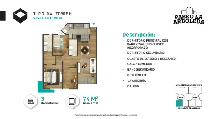 Plano del modelo H-Tipo 4 del proyecto PASEO DE LA ARBOLEDA 6 en Santiago De Surco