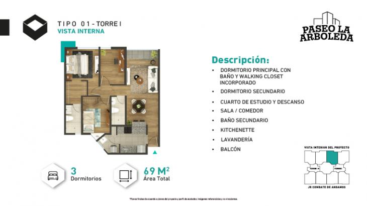 Plano del modelo I-Tipo 1 del proyecto PASEO DE LA ARBOLEDA 6 en Santiago De Surco