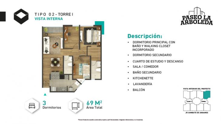 Plano del modelo I-Tipo 2 del proyecto PASEO DE LA ARBOLEDA 6 en Santiago De Surco
