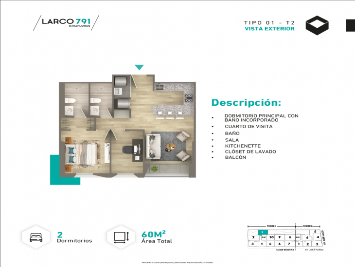 Plano del modelo Tipo T2-X01 del proyecto LARCO 791 en Miraflores
