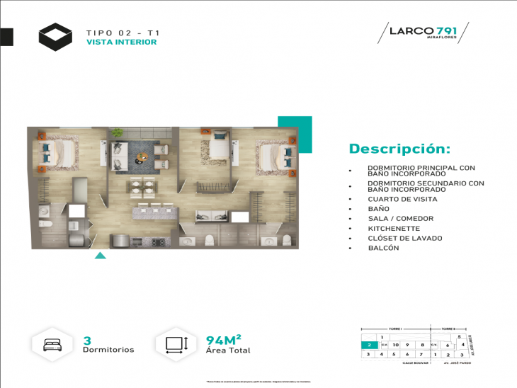 Plano del modelo Tipo T1-X02 del proyecto LARCO 791 en Miraflores