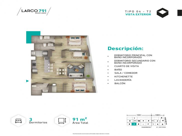 Plano del modelo Tipo T2-X04 del proyecto LARCO 791 en Miraflores