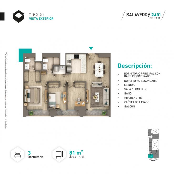 Plano del modelo Tipo X01 del proyecto SALAVERRY 2431 en San Isidro
