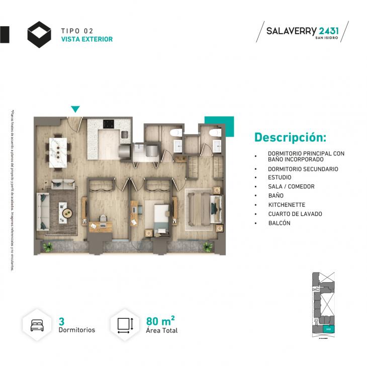 Plano del modelo Tipo X02 del proyecto SALAVERRY 2431 en San Isidro