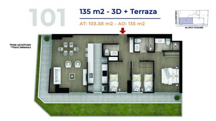 Plano del modelo Flat con terraza 101 del proyecto MONTERO 200 en Miraflores