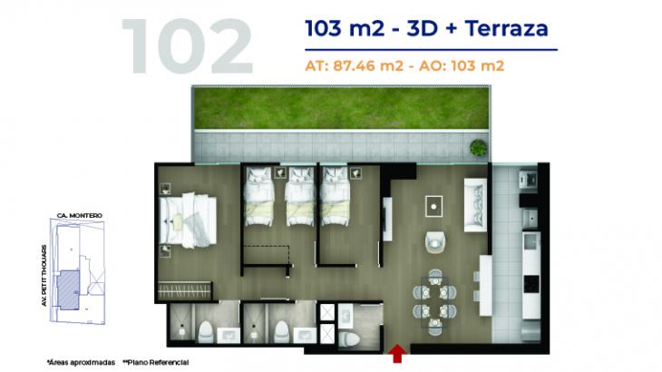 Plano del modelo Flat con terraza 102 del proyecto MONTERO 200 en Miraflores