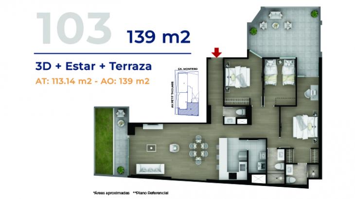 Plano del modelo Flat con terraza 103 del proyecto MONTERO 200 en Miraflores