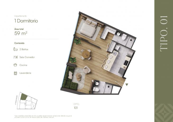 Plano del modelo TIPOLOGIA 1 del proyecto ROOTS en Barranco