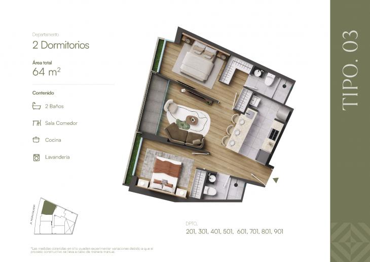 Plano del modelo TIPOLOGIA 3 del proyecto ROOTS en Barranco