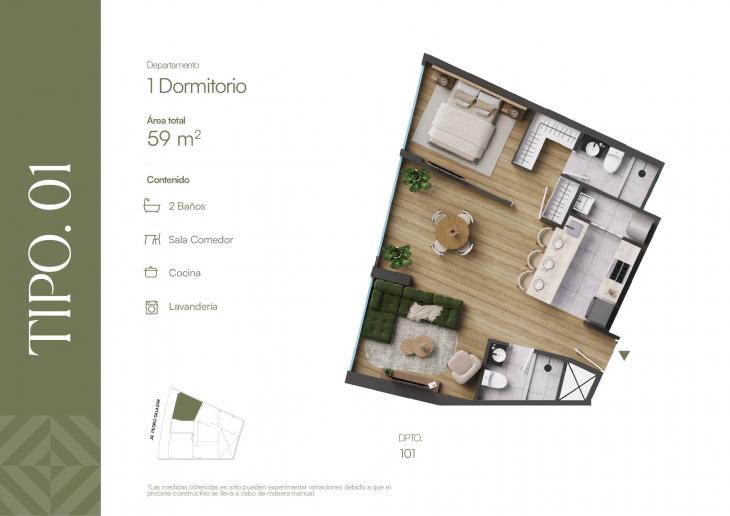 Plano del modelo TIPOLOGIA 1 del proyecto ROOTS en Barranco