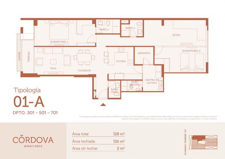 Plano del modelo 1-A del proyecto Córdova en Miraflores