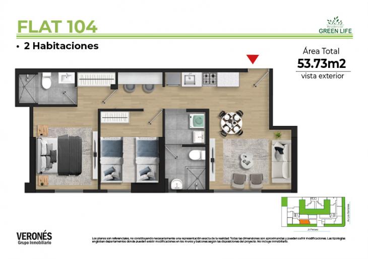 Plano del modelo 104 del proyecto Residencial Green Life en Chorrillos