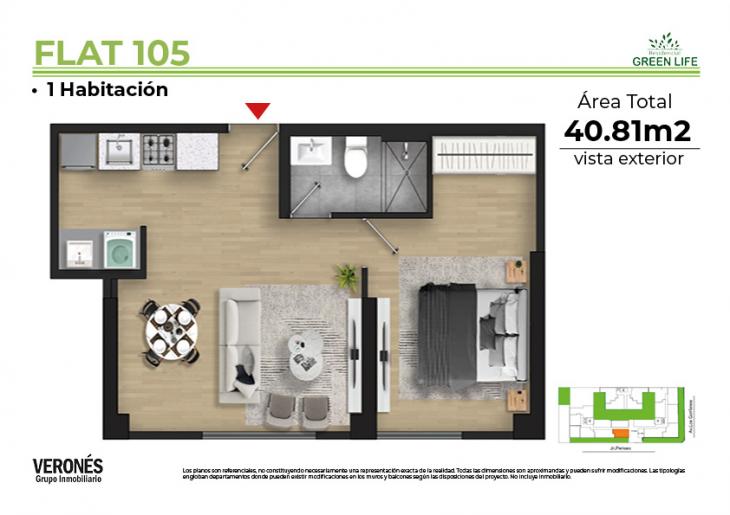 Plano del modelo 105 del proyecto Residencial Green Life en Chorrillos