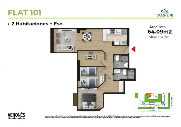 Plano del modelo C-101 del proyecto Residencial Green Life Etapa 2 en Chorrillos