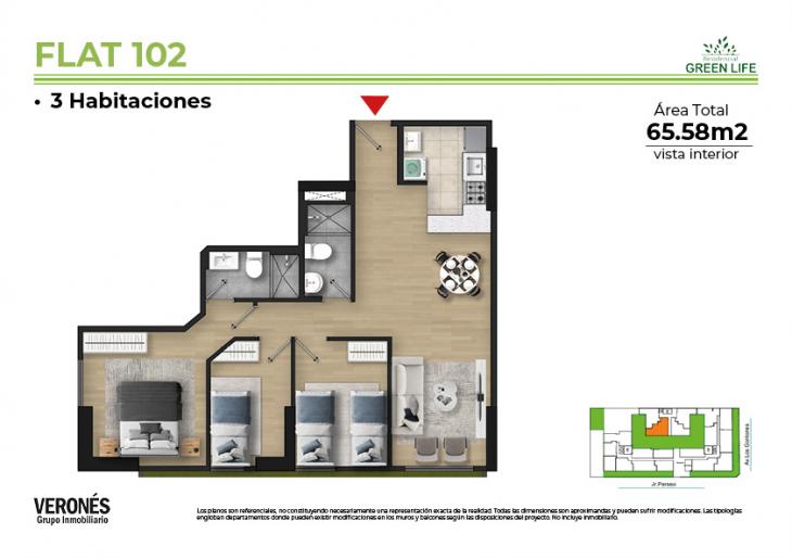 Plano del modelo C-102 del proyecto Residencial Green Life Etapa 2 en Chorrillos