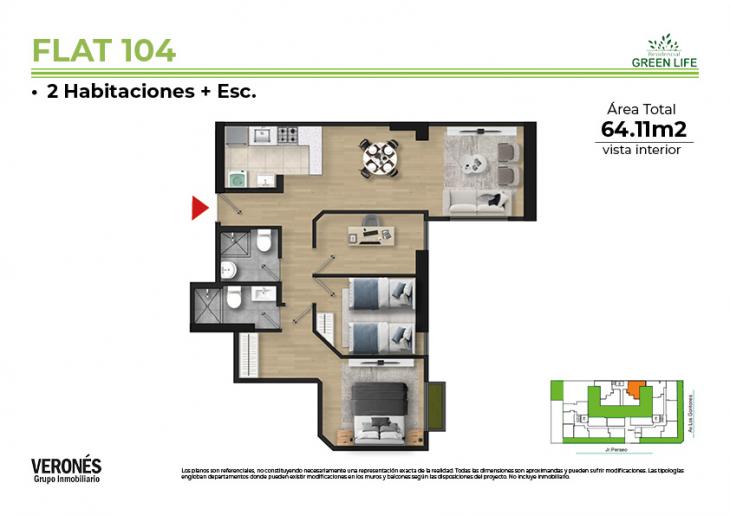 Plano del modelo C-104 del proyecto Residencial Green Life Etapa 2 en Chorrillos