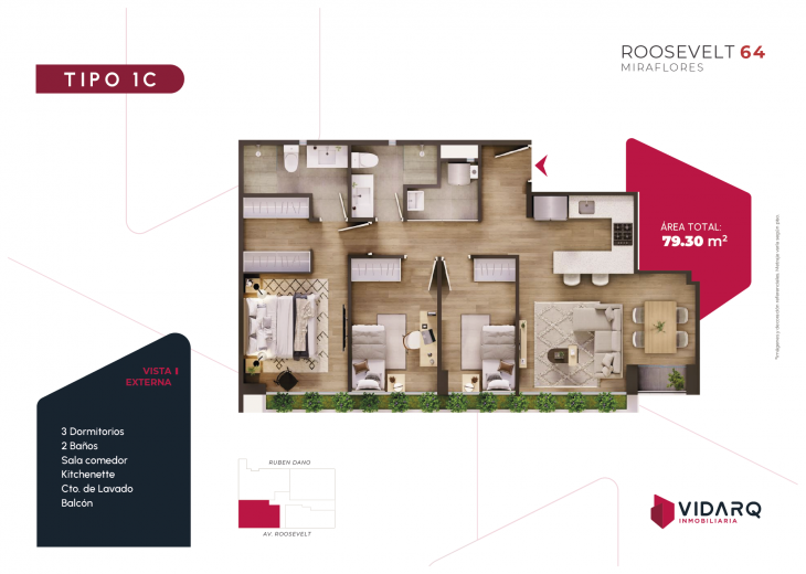 Plano del modelo TIPO 1C del proyecto ROOSEVELT 64 en Miraflores