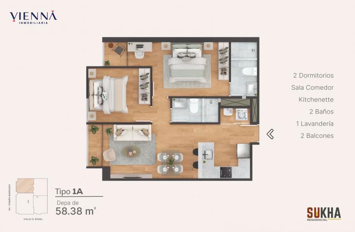 Plano del modelo 1A del proyecto Residencial Sukha en Surquillo